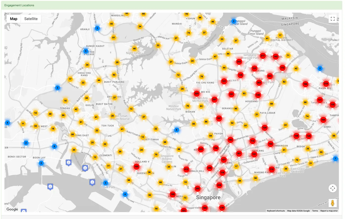 Dashboard map of Singapore: passenger taps grouped by area