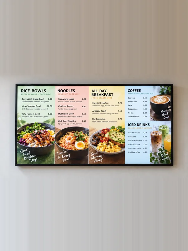 A digital menu board on a café wall, with rice bowls, noodles and drinks