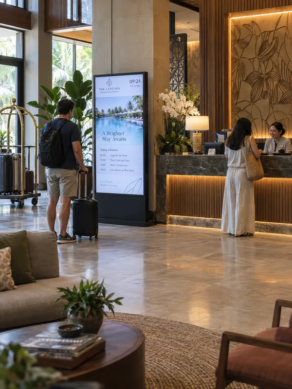 A portrait welcome screen next to the reception of a hotel lobby